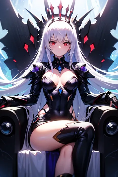 futuristic queen, sitting on a floating throne, futuristic black suit, long straight white hair, red eyes, pechos grandes, cold look, crown of a purple crystal