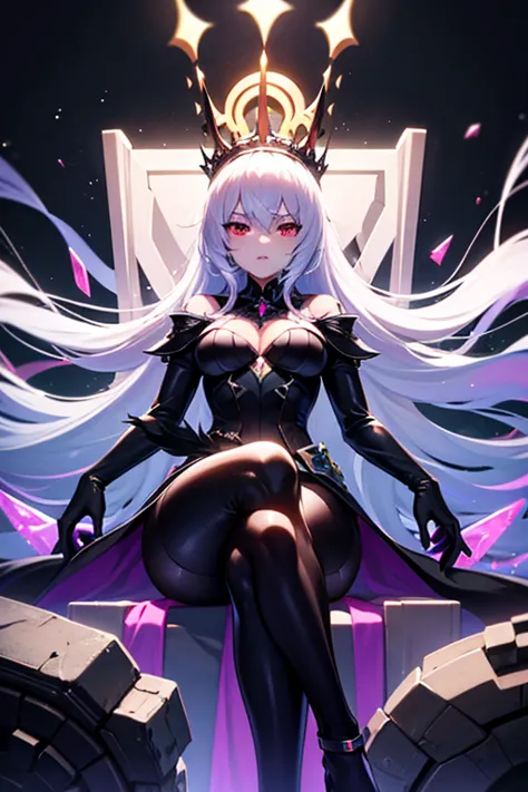 futuristic queen, sitting on a floating throne, futuristic black suit, long straight white hair, red eyes, pechos grandes, cold look, crown of a purple crystal