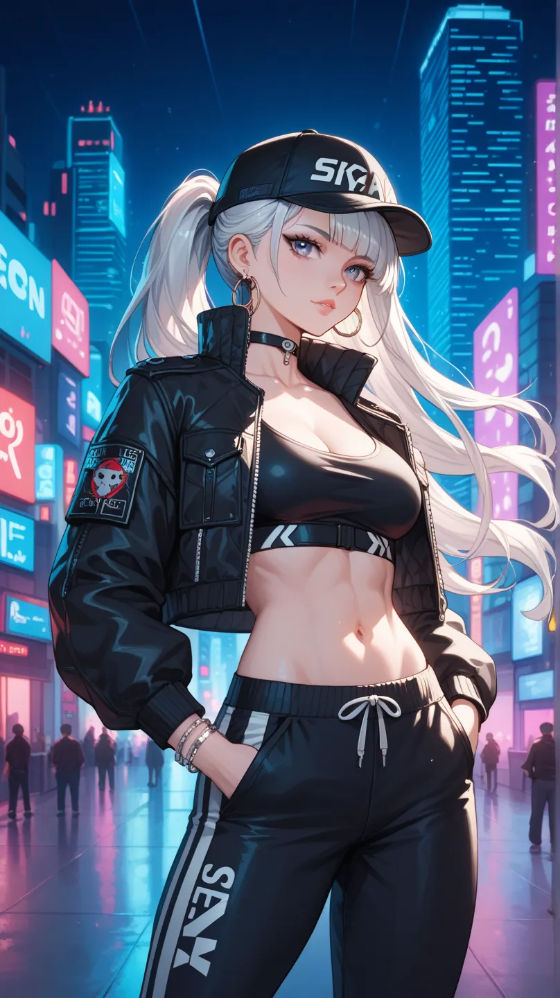 A stylish anime girl with long, flowing silver hair and striking gray eyes, standing confidently in a futuristic neon-lit city at night. She wears a black and white streetwear outfit with a panda theme, featuring a black cropped sports top with bold white ...