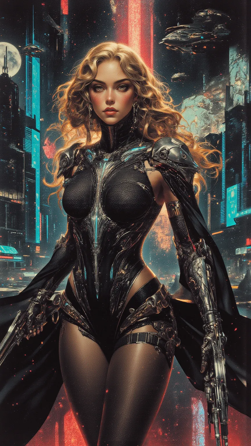 full body, Cyberpunk women，fear ，sci-fi，future，weapons，sexy，long golden hair，Wayne Reynolds draws，is in a highly detailed and dynamic style, Luminescence