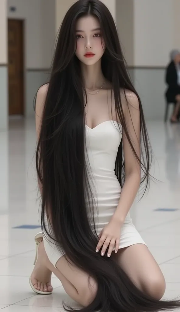 Very cute and young asian lady with pink lip and dimple.She is kneeling .She wear the very tight sleeveless strapless white mini dress , white high heel.Have  the white complexion.((very long hair:1.2)), ((She have the black longest hair length to 10 meter...