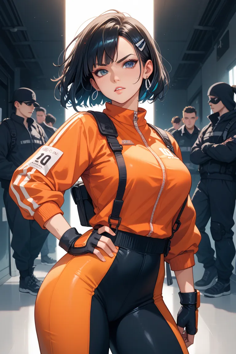 A tense scene in a dimly lit room with many participants standing anxiously, wearing numbered tracksuits similar to Squid Game. Two main characters: one spiky-haired ninja in an orange outfit looking excited, and another black-haired ninja in a dark outfit...