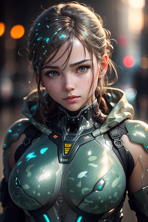 Portrait photo of transparent camo worn mech suit, ((light bokeh)), intricate, ((translucent) liquid water [rust]), elegant, sharp focus, photo by greg rutkowski, soft lighting, vibrant colors, masterpiece, ((streets)), detailed face