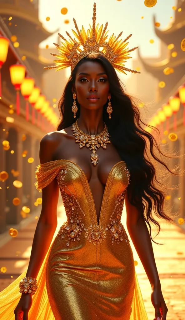 Image Prompt:

A radiant 38-year-old Czech black supermodel, a goddess of gold and prosperity, walks confidently through the Golden City during a grand festival. She exudes wealth, enchantment, and joy.

Her luminous, black skin glows under celestial golde...