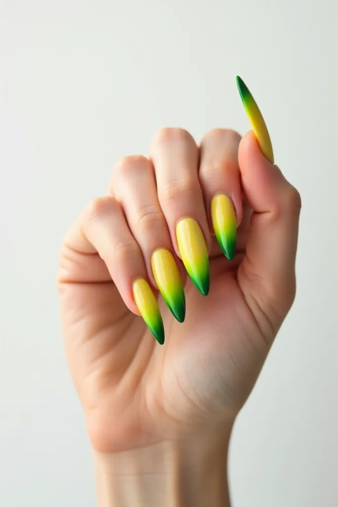 Butter yellow green stiletto nails white background 