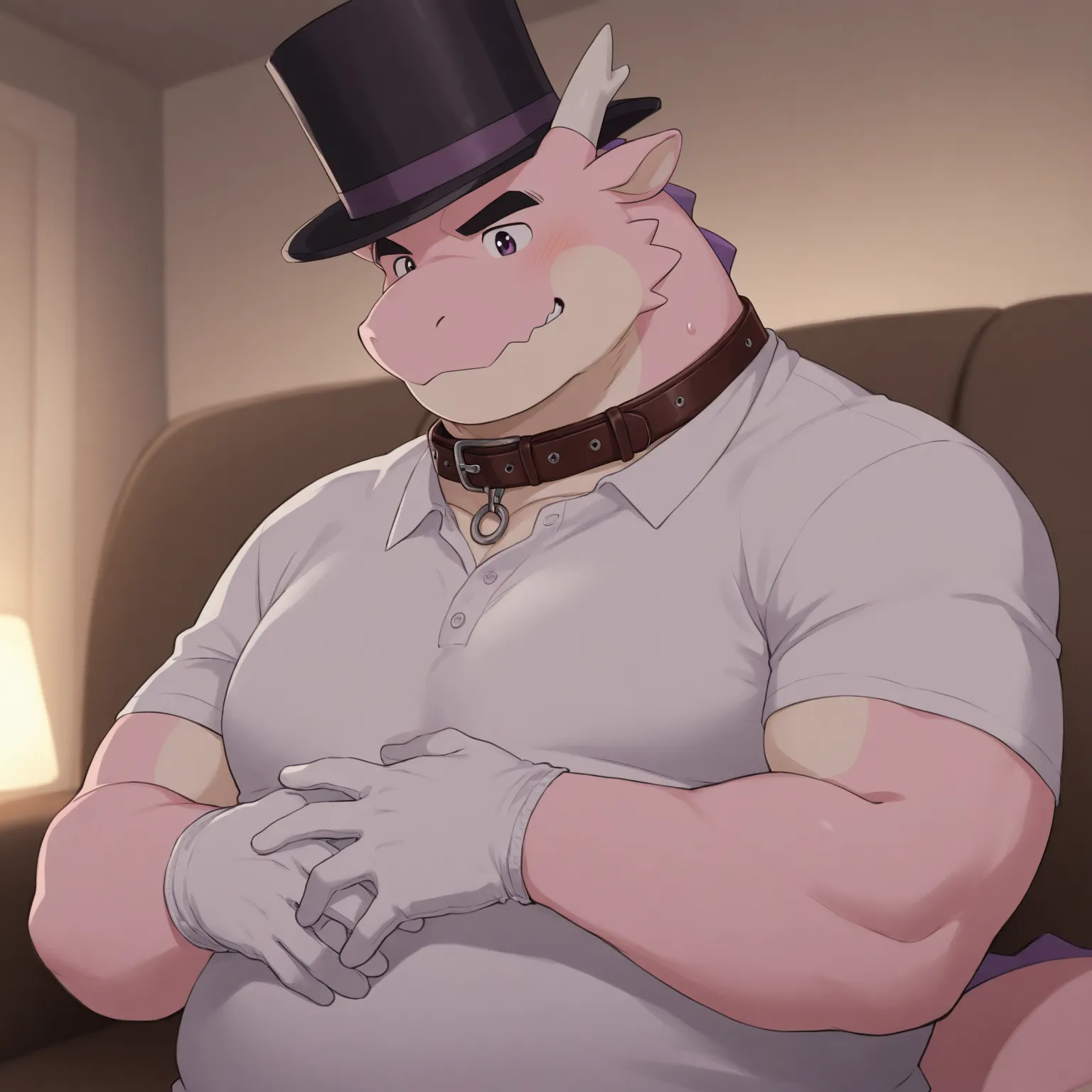 High Quality, Male, Dragon, Anthro(Dragon),Chubby,(Black eyebrows:1.1),(Perfect eyes),Smooth Skin，（artist:Takemoto Arashi），Living Room background，claw，（Professor Attire:1.3）。Wearing a Leather collar around his neck. Wearing fancy white gloves on his hands,...