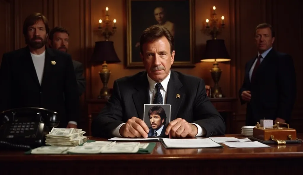 photorealistic image: in a luxurious office in dim lights, , an influential mafia a boss in an expensive suit is sitting at a large wooden table, holding a photo of Chuck Norris. You can see, Telephone, cigar and a stack of banknotes, and on the wall there...