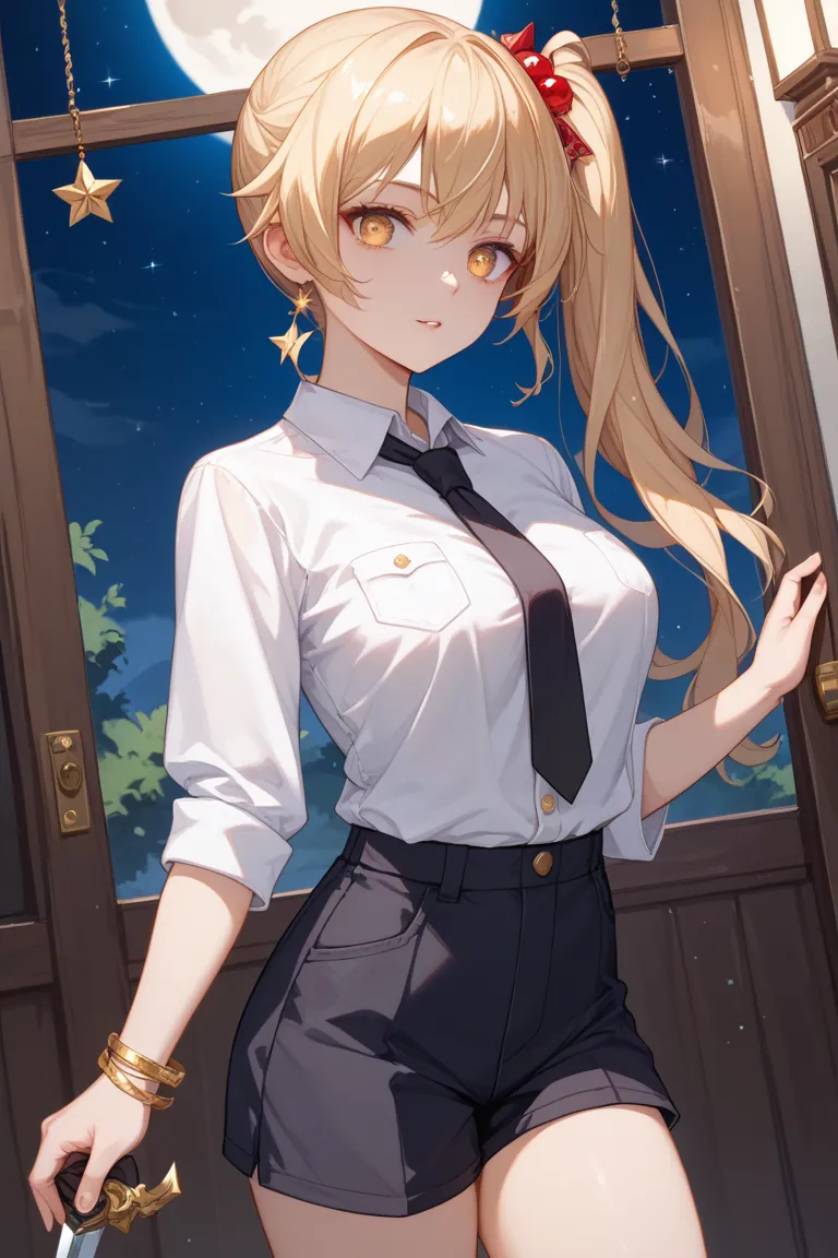 Japanese woman、Black school uniform{The buttons for school run are empty、is wearing a white cutter shirt and black tie}and a woman wearing black shorts、dagger、cool、moon、night、star、beautiful、 beauty、High Resolution, Gold, bungs, top quality, long hair caugh...