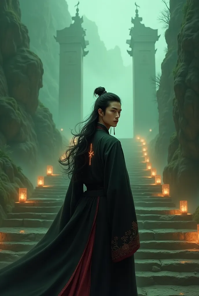 A breathtaking, realistic digital painting of Luo Binghe standing at the base of a grand, ancient stone staircase on Qiong Ding Mountain. The staircase leads up to a majestic hall with towering pillars, partially visible through a misty green haze. Softly ...