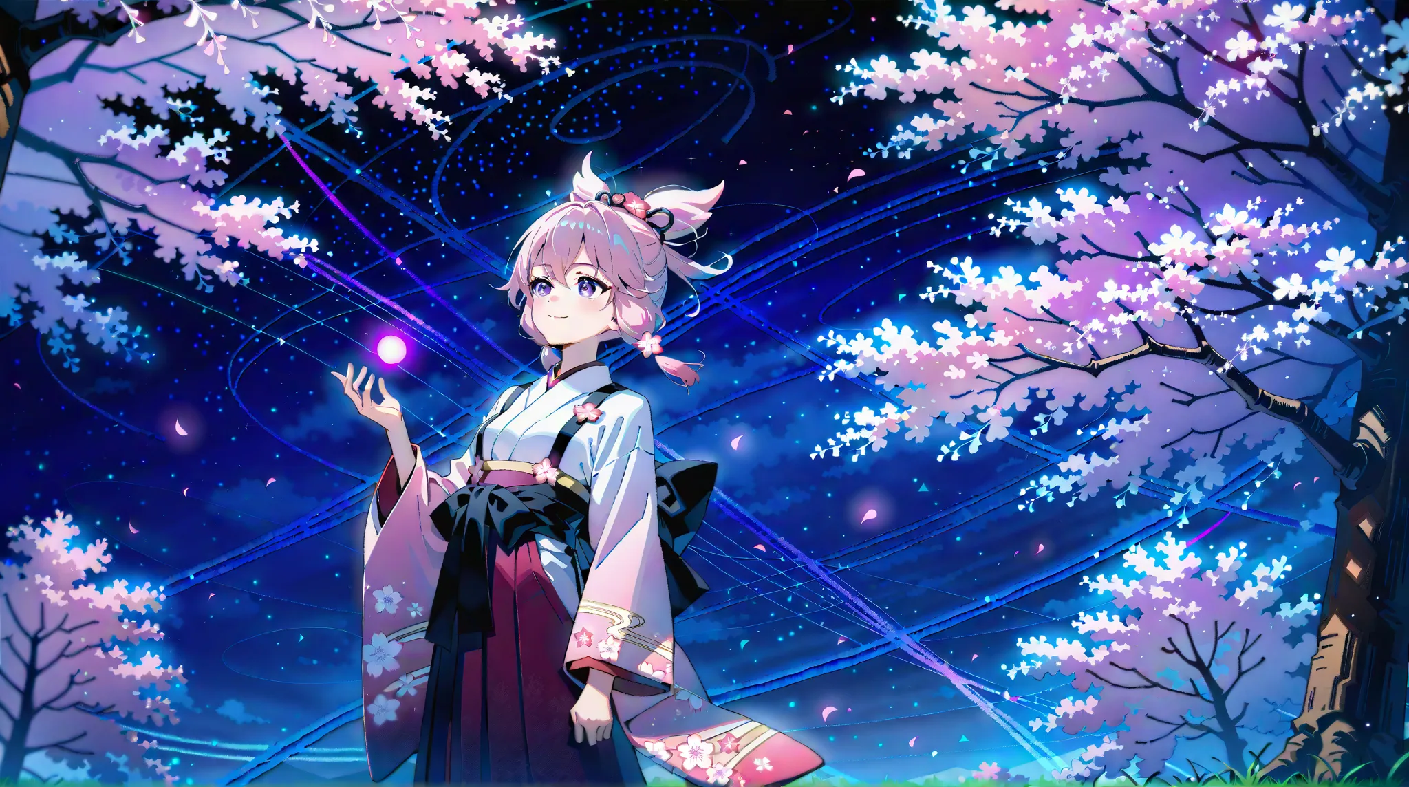 A female character wearing a traditional kimono with gold embroidery and cherry blossom patterns. The kimono has intricate details, and the character is adorned with a small hair accessory shaped like cherry blossoms. The character has a calm and mysteriou...