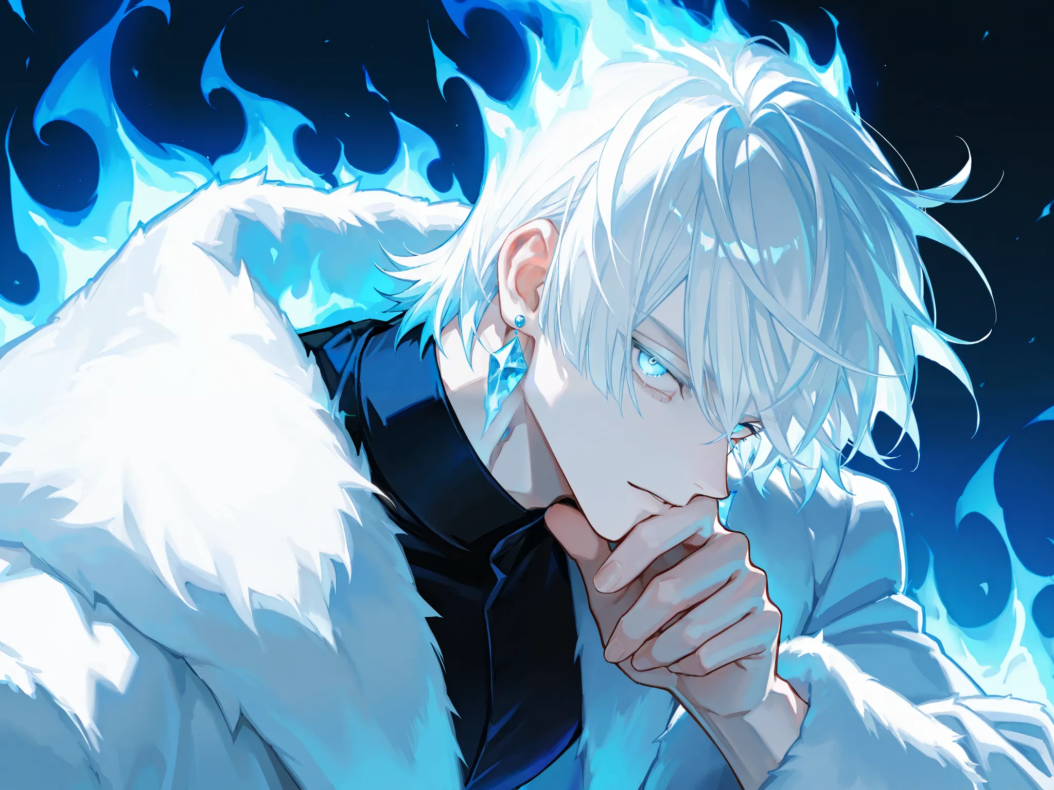 One, 1 guy, for half a turn, raised his head in profile, raised his chin, on fire, arrogant Boy with white hair,  white hair develops in the wind . bright blue eyes, bright gray-blue eyes,  burning blue eyes , haughty look, looks down, without bangs, pale ...