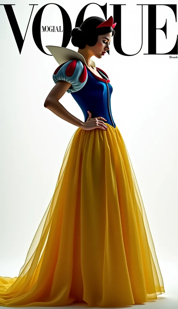 (High fashion magazine cover:1.4) photo of Snow-white, dressed in Disney's iconic Snow White costume, striking a modern pose, (three-quarter body framing:1.2), against a minimalist white backdrop, under dramatic studio lighting, shot straight-on, on a Hass...