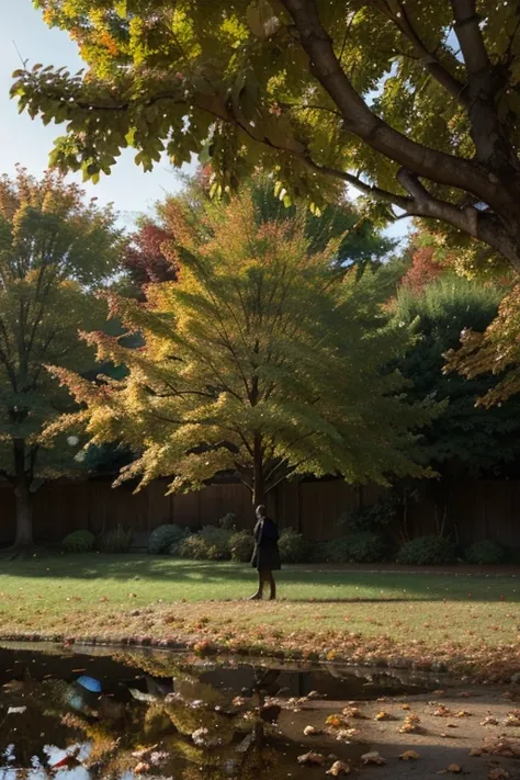 A silhouette under a tree in autumn: A lone figure under a tree, surrounded by falling leaves, reflecting the feeling of standing still in time, caught between letting go or holding on. The autumn setting represents change and the passage of time.