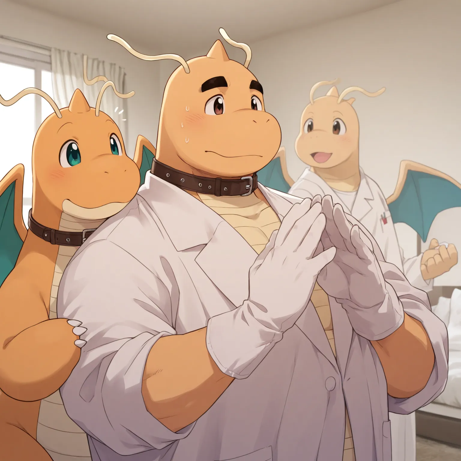 High Quality, Male, Dragonite, Anthro(Dragonite),Chubby,(Black eyebrows:1.1),(Perfect eyes),Smooth Skin，（artist:Takemoto Arashi），Living Room background，claw，（Doctor Uniform:1.3）。Wearing a Leather collar around his neck. Wearing fancy white gloves on his ha...