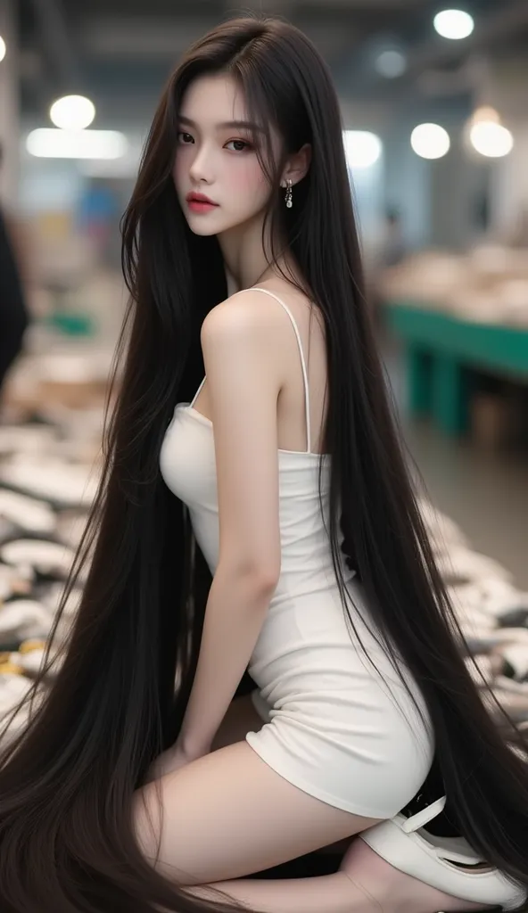 Very cute and young asian lady with pink lip and dimple.She is kneeling on top of many  fish at fish market table .She wear the very tight sleeveless strapless white mini dress , white high heel.Have  the white complexion.((very long hair:1.2)), ((She have...