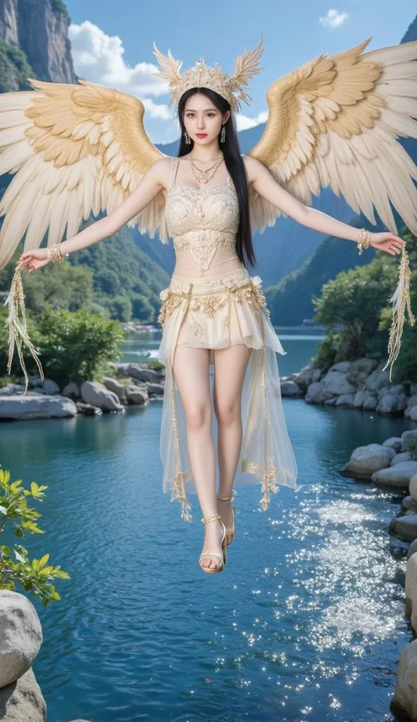 Image features a fantasy scene depicting a giant winged female figure hovering over a serene landscape. She wears an intricate beret that resembles the head of an eagle or bird , She has large long wings, with feathers and wears a light outfit, light and f...