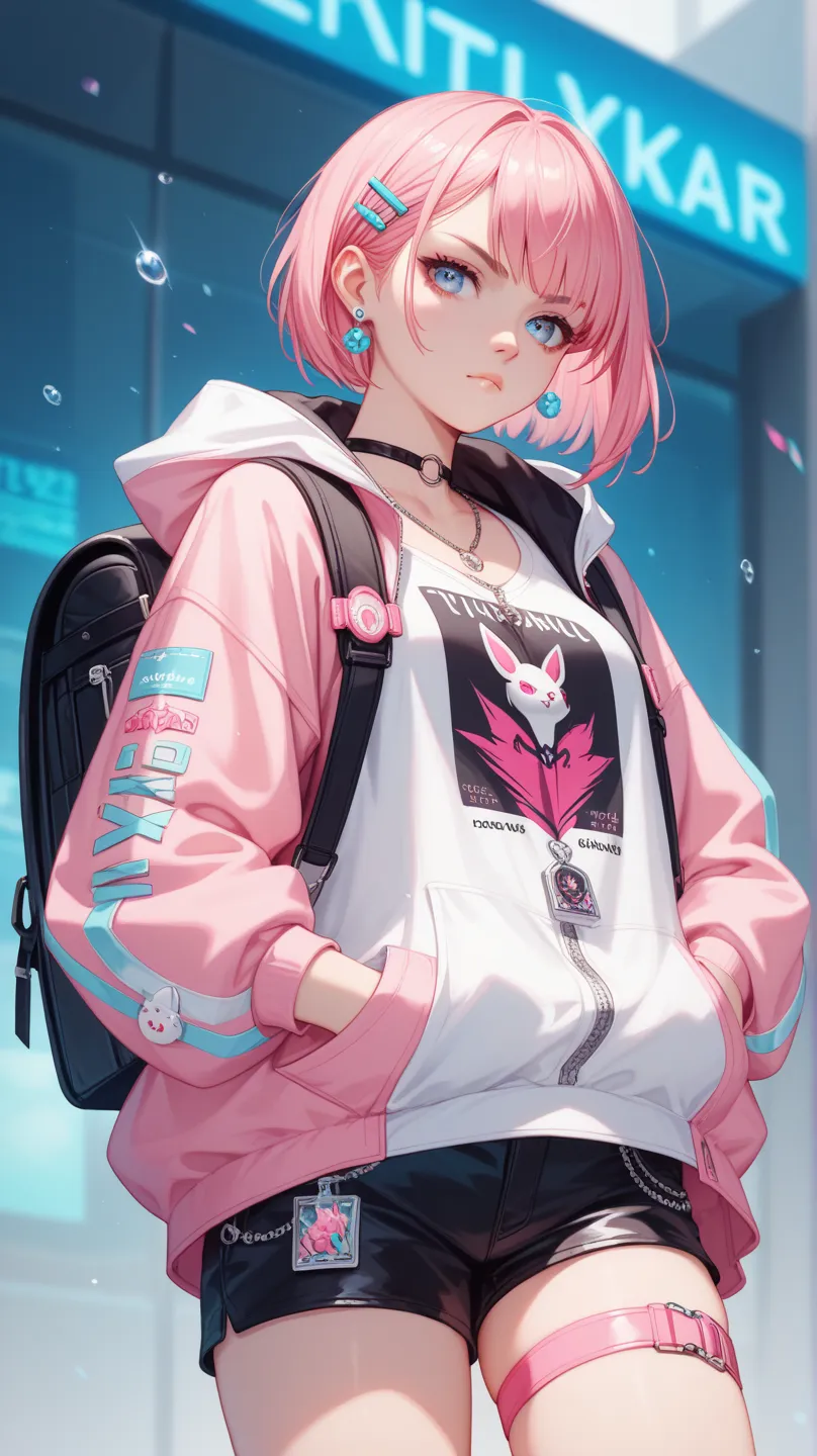 A stylish anime girl with straight, vibrant pink hair and a soft, serious expression. She wears a large, pastel pink hooded jacket with multiple utility pockets and zippers, layered over a simple white oversized t-shirt. Her outfit is completed with black ...