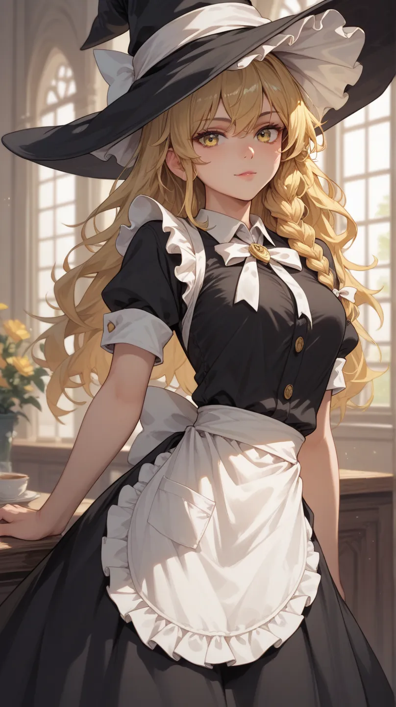 kirisame marisa, blonde hair, yellow eyes, single braid, witch hat, white ribbon, black skirt, black shirt, short sleeves, waist apron, white sleeves