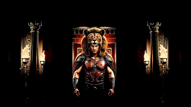 Greek columns, flaming torches, marble columns. Hercules wearing his lion armor. His helmet is the head of a lion. The scene is realistic with a wide frame. His armor is dirty with dust and blood, and his cape is dusty. blood, dust, greece, action, walking...