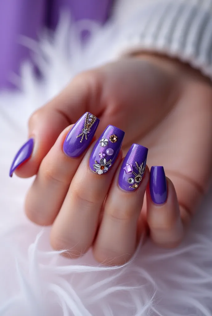 Purple nails decorated with stickers rhinestones manicure white fuzzy background 