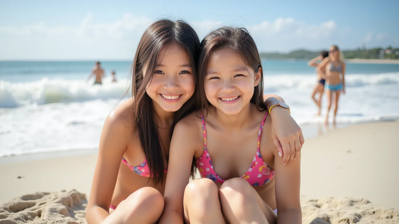 Two cute young Asian girls are relaxing at the beach.  They have young faces. They are smiling and cuddling with each other. They are wearing G-string bikinis.  There are other people at the beach.  You can see waves in the background.