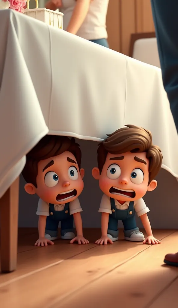 Create 3D Cartoon Style Image Scene 5. Two boys Friends Hiding Under a Table – Inside the wedding area, two friends crouch under a long dining table, hiding behind the white tablecloth. They look eager but nervous. Feet of guests can be seen around them.
