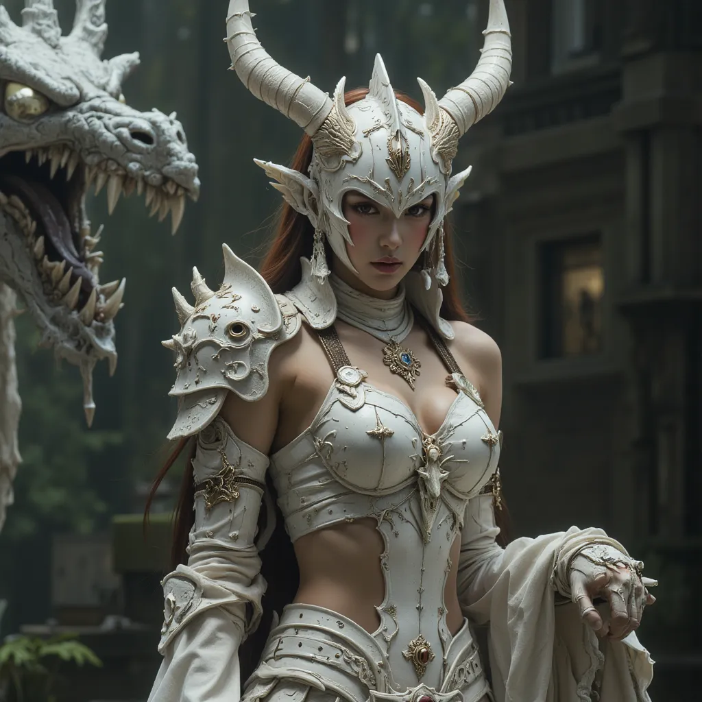 ((((looking at camera)))),(photorealistic, large-breast ),((white dragon:2.0)),a beautiful girl, ,she wearing side-tie_bikini, (large cleavage,Big tits), A fashion runway for alien technology ,Reveal full breasts,Big breasts, Cyberpunk fashion photography ...