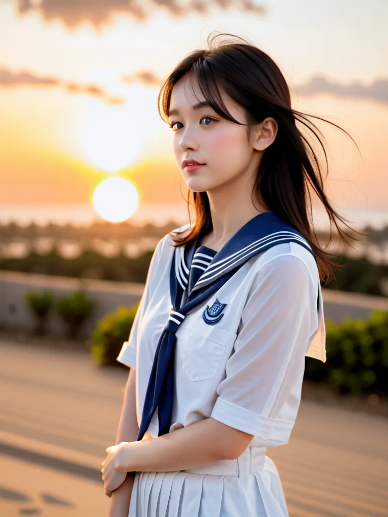 (8k), (best quality), (masterpiece:1.2), (realistic), (photorealistic:1.37), super detailed, (), Japanese Girl,, Young face, Juvenile body, Thin arms, cute, Beautiful hair blowing in the wind,Beautiful big eyes , in the ruins,  black hair, beautiful sunset...