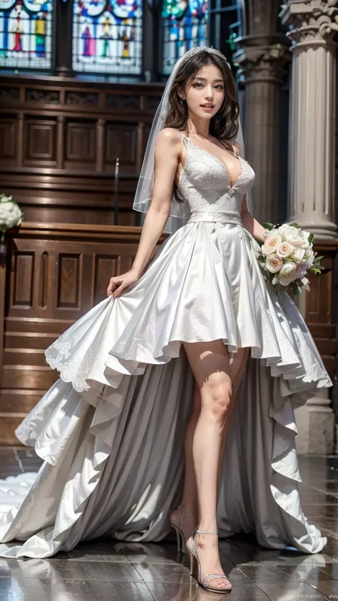 A beautiful young Japanese woman, 26 years old, with healthy thighs, beautiful legs, flawless skin, random hair color and style, large breasts, wearing a (wedding dress:1.3), (she is standing:1.2), full body shot, high heels, holding a bouquet in her hands...