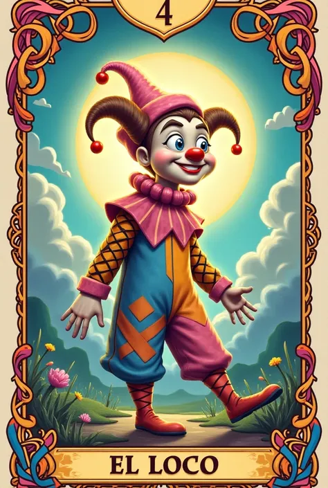 
Generate a tarot card with the name “El Loco” card with pastel colors, The madman must be smiling, It's a harlequin, The letter has a frame and underneath the name El Loco