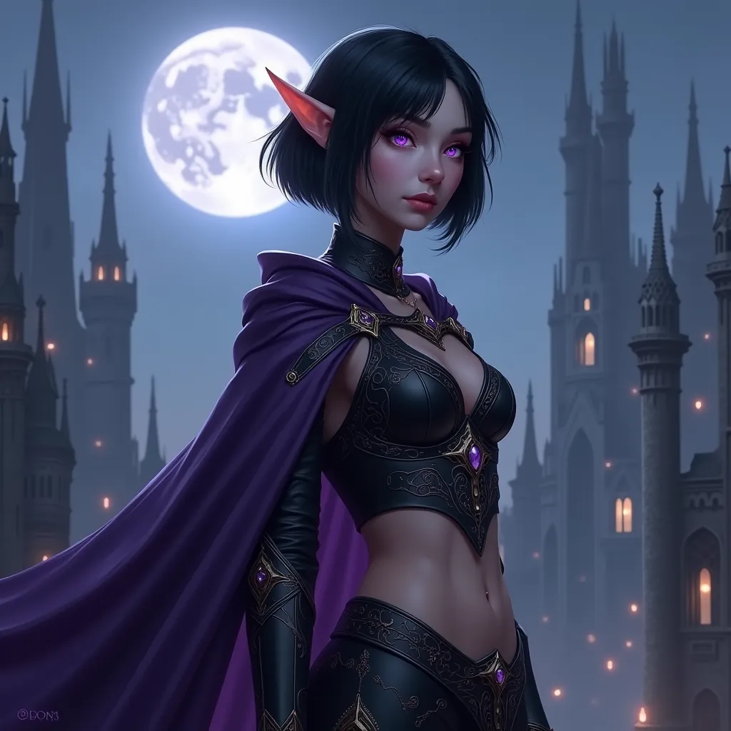 short black hair, chalk white skin, purple eyes, young half elf woman, leather armor with bare midriff, dark purple short cloak, fantasy city background at night
