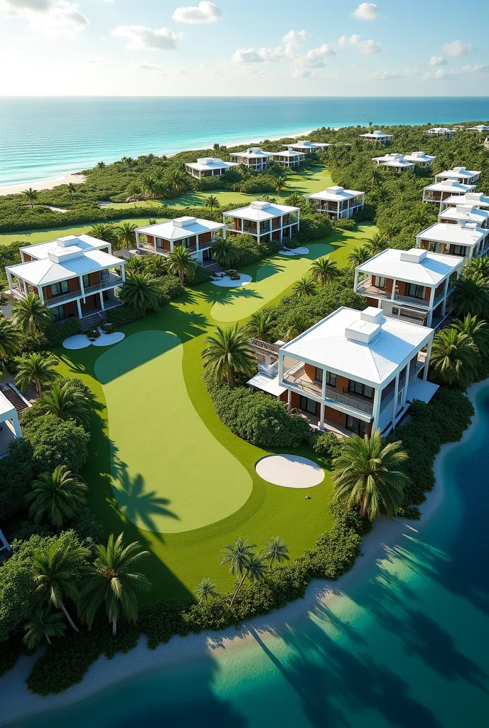 Will generate me some villas located in key west florida there should also be a golf course and beach houses are to be 7 and slightly more trees and houses are to be modern style show aerial view