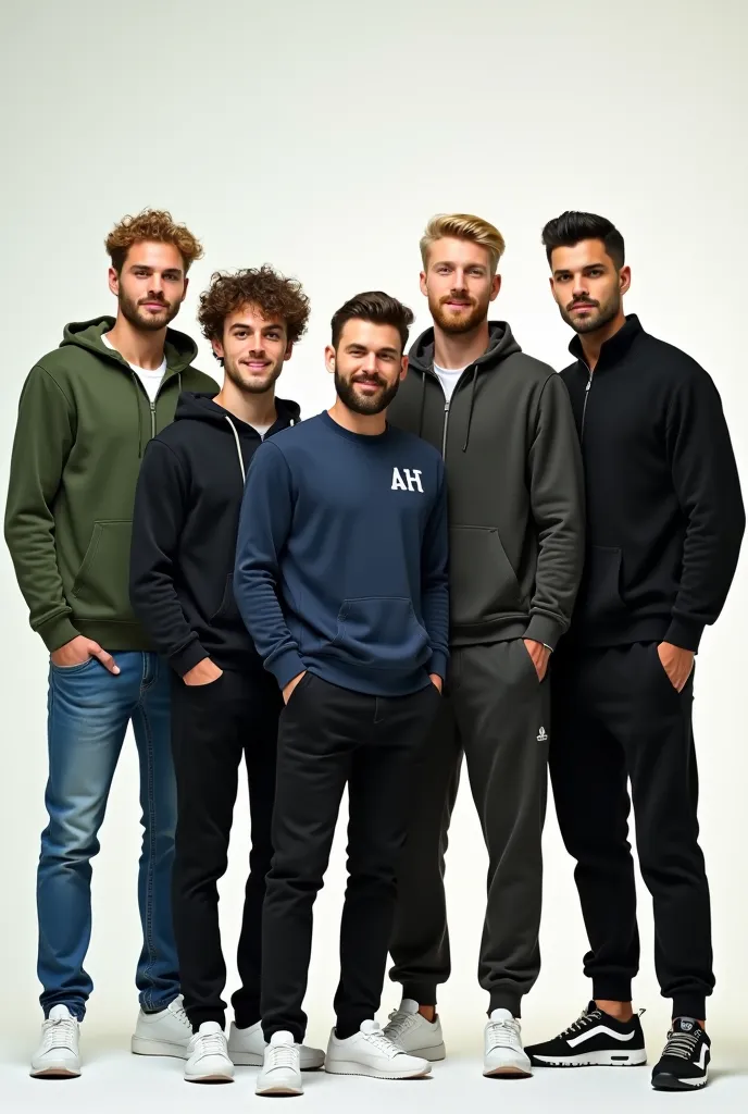 5 men together, first a man should wear a green zip hoodie and blue jeans, white sneakers curly hair blond
the second man in a dark blue sweatshirt without a hood and the small letters AH on the left side of the sweater's chest, black jeans and white sneak...