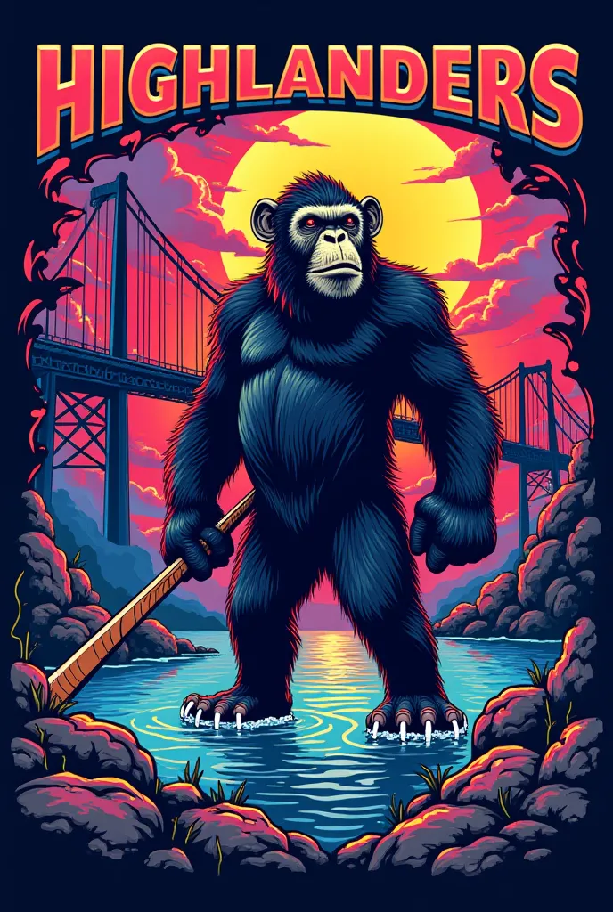 Create a ball hockey team logo with psychedelic boarder. Name highlanders in large bold letters. lift bridge in background with smoke and large monkey  holding a hockey stick