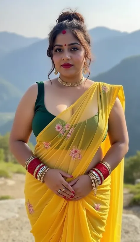 Indian beautiful woman sexy bhabhi, Hands on hips,showing dark armpits,strapless Sleeveless blouse,very deep cleavage,curvy plus size model wearing transparent embroidery yellow satin embroidery floral color saree ,strapless sleeveless deep green blouse, p...