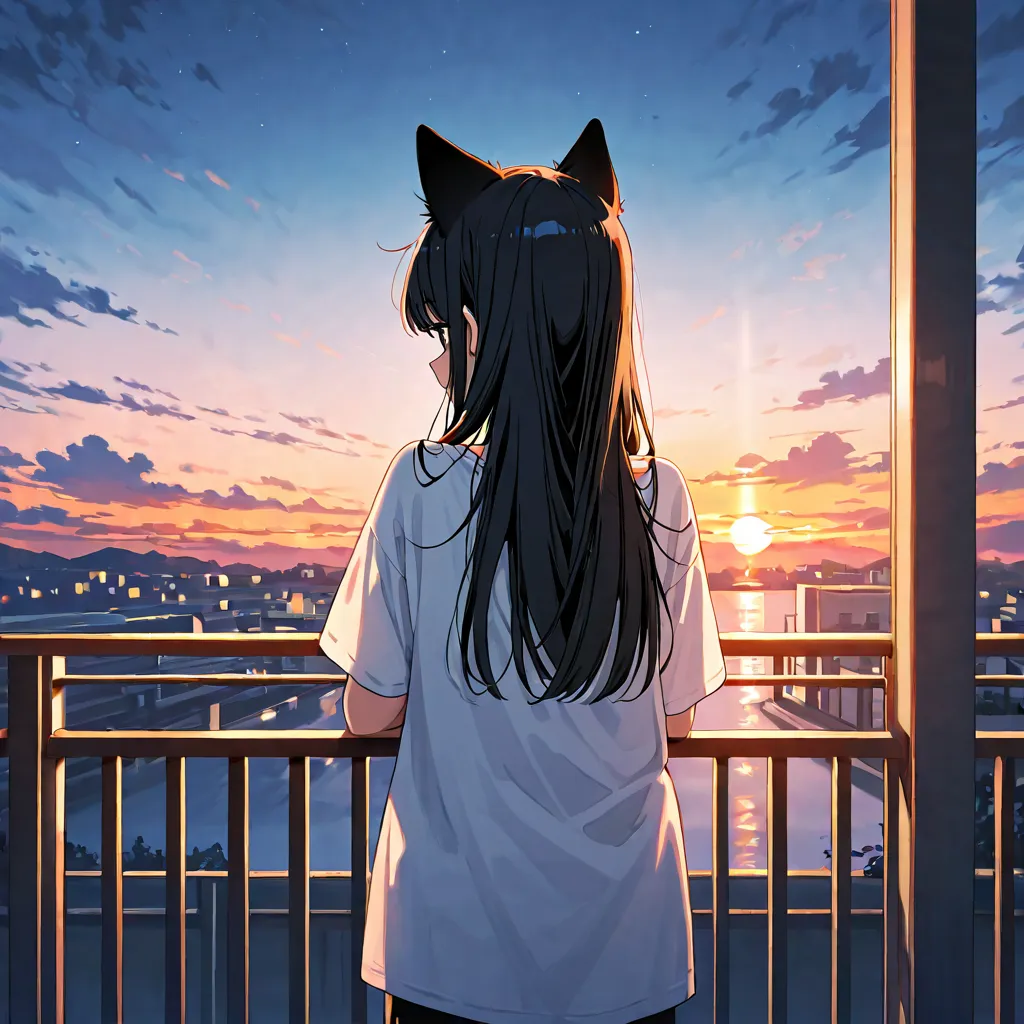 Anime girl with long black hair and cat ears. She is wearing a white T-shirt. The girl is standing with her backside and looking at the sunset, leaning on the balcony railing. Evening.