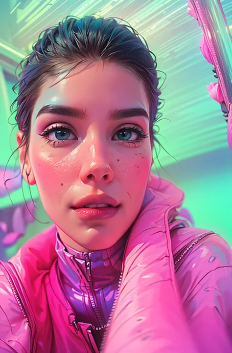 cyberpunk female woman wearing (turquoise Jacket with chromatic accents:1.1), sleek pink and White full bodysuit, side view turning to face camera, (Petal Blush, Lagoon Blue color background:1.3), amazing smile, looking at camera, neon lights 