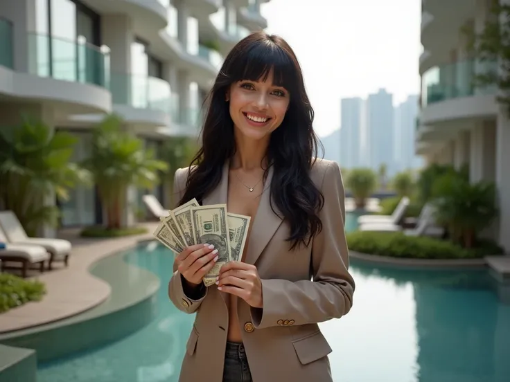 a beautiful brunette woman, black hair with long bangs, elegant and smiling , posing in a relaxed and fun way in a luxury condominium dressed in sophisticated clothes,  holding money bills in his hands , conveying a sense of success and happiness. The sett...