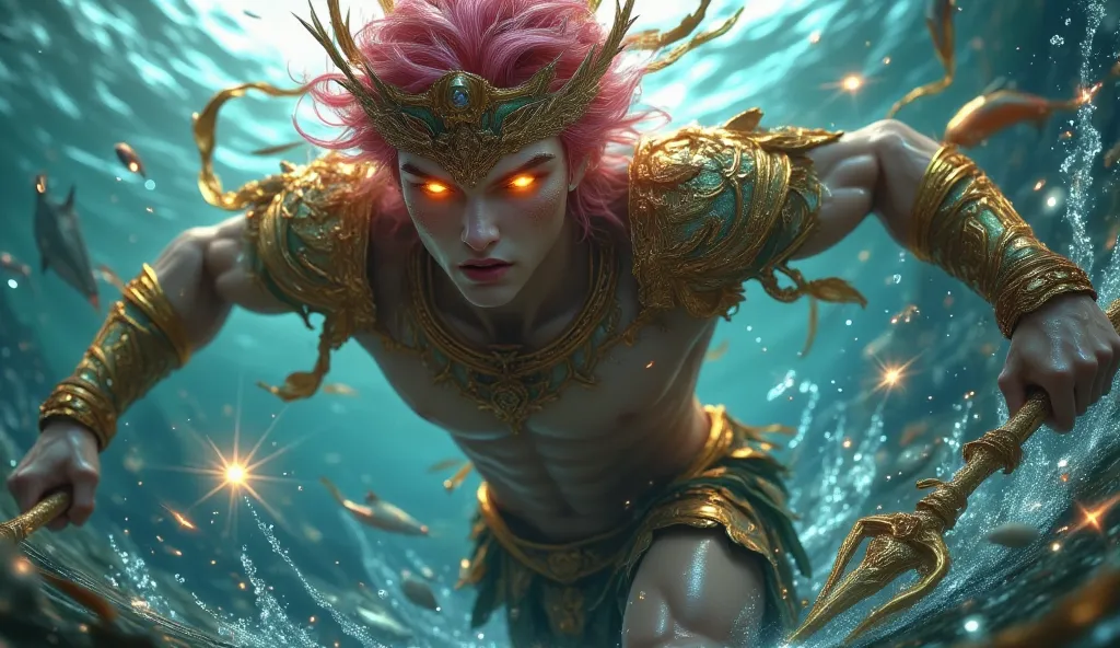 Close-up Hermes yellow-eyed, muscular pink hair wearing bronze armor and a bronze laurel crown running at an impressive speed trying to catch Poseidon's trident on a pedestal under seawater with fish and bubbles, rays and sparks.