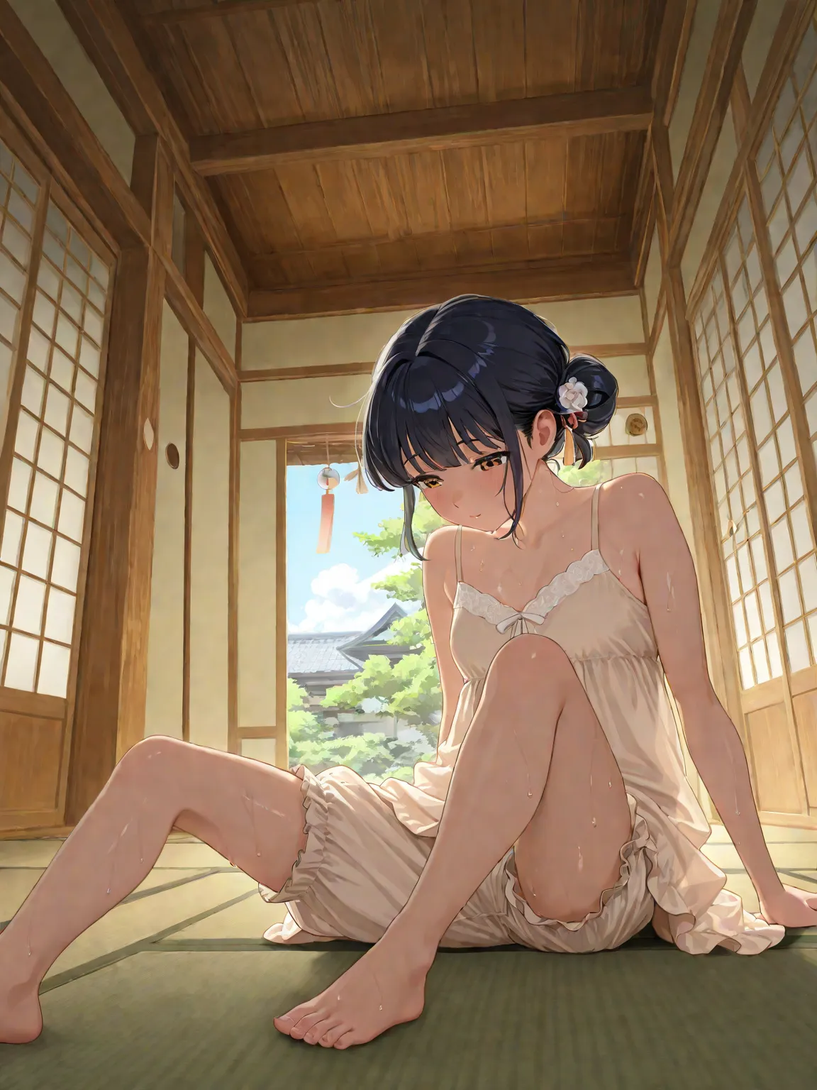  black hair bun hair ,Beige nightgown,Navy Blue Bloomers, Japanese-style room in a Japanese house,summer,wind chimes,blue sky,Cumulonimbus, sitting on tatami mat ,crotch is open,is sweaty