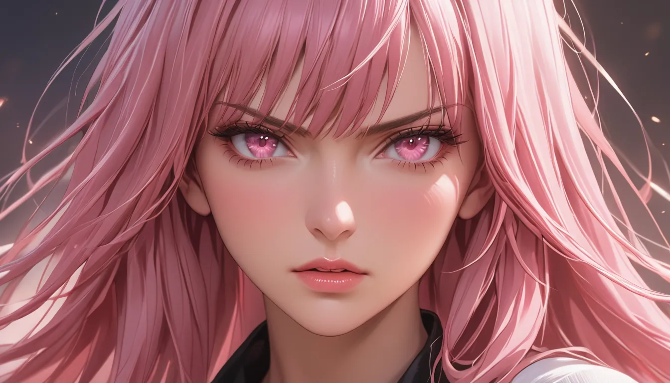 1 woman, semi realistic, Masterpiece, Master work, perfect, mature body, straight half body long hair, soft pink colored hair with bangs, pink eyes, mad, angry, wearing clothes, parted lips, high res, ultrasharp, looking at the viewer (masterpiece), best q...