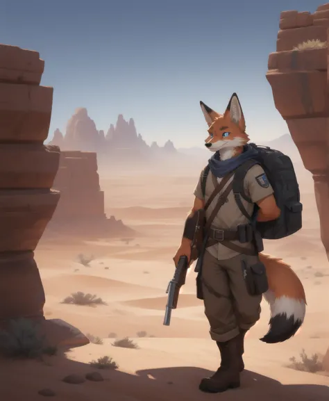 Male, solo, masterpiece,  fox man, furry, anthro, body fur, fluffy fox tail, outdoors, scenery, desert, desert clothing, fantasy, belt, dramatic lighting. Fox colors. Realistic eyes, blue eyes. Masterpiece, Ambient glow.. Detailed desert background with di...