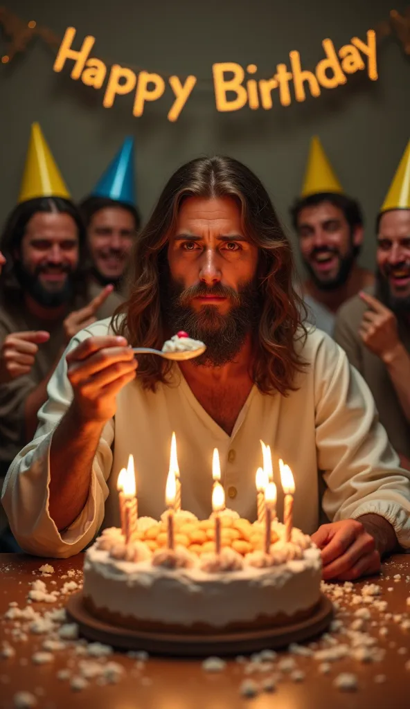 A ultra-realistic image 4k of Jesus at a birthday party, sitting in front of a large cake with candles. He holds a spoon with a piece of cake, bringing it to his mouth with a sorrowful expression. His long hair and beard frame his sad eyes, conveying deep ...