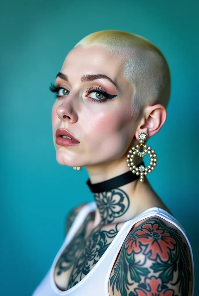 arafed woman with a tattoo on her arm and a blue background, halfbody headshot, huge earrings and queer make up, septum piercing, pale bluish skin, tattoos and piercings, pale woman, lofi portrait, piercings collar, very very pale white skin, with tattoos,...