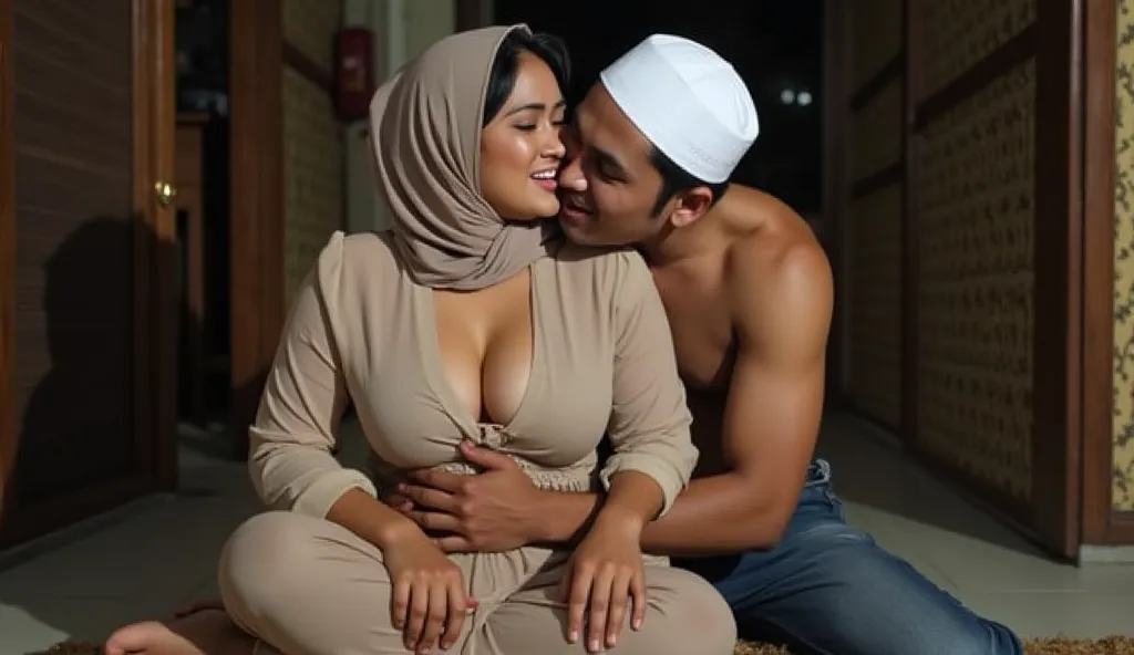 a Malay woman in a cream headscarf with a little visible hair is sitting with both hands on the floor, wearing a loose dress, visible cleavage, large breasts, horny expression, from behind there is a 35-year-old Indonesian middle-aged man in a white Muslim...