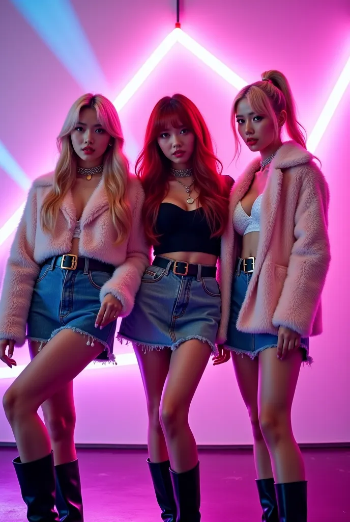 " Super realistic , Headshot of a South Korean girl band with three members posing confidently on a stage with bright neon lights. they wear coquette K-pop fashion: fluffy jacket, high waist skirt, and a fluffy jacket adorned with a belt, ribbon, and a cho...