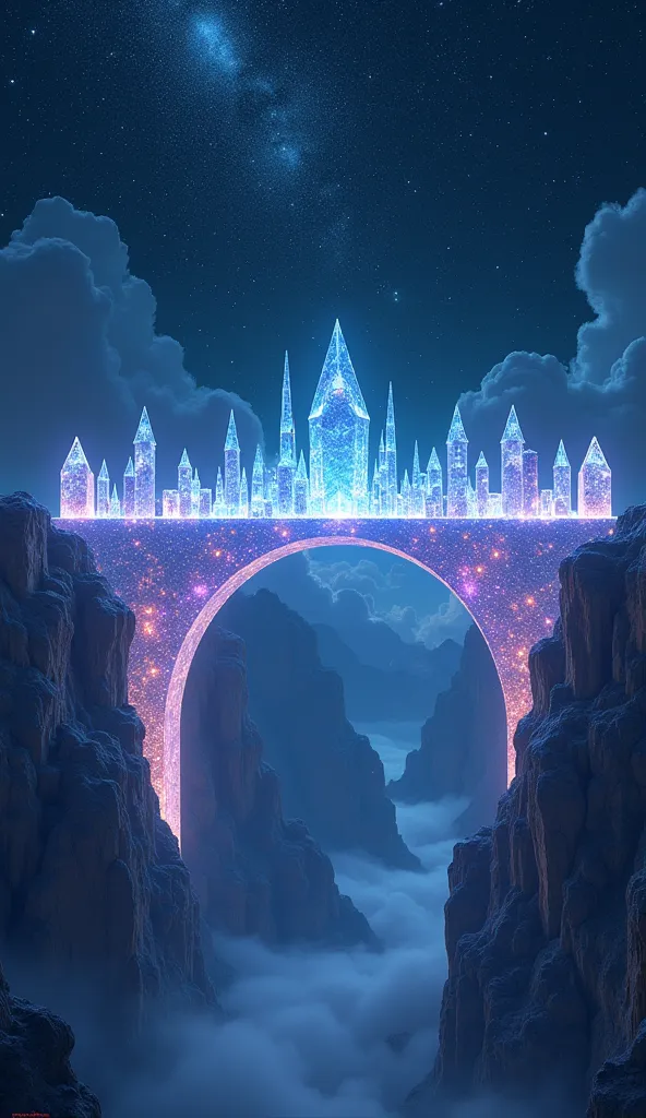 "A magnificent bridge made of glowing crystals stretches across a starry night sky. The crystals change colors as the bridge vibrates with magical energy, reflecting the stars above."