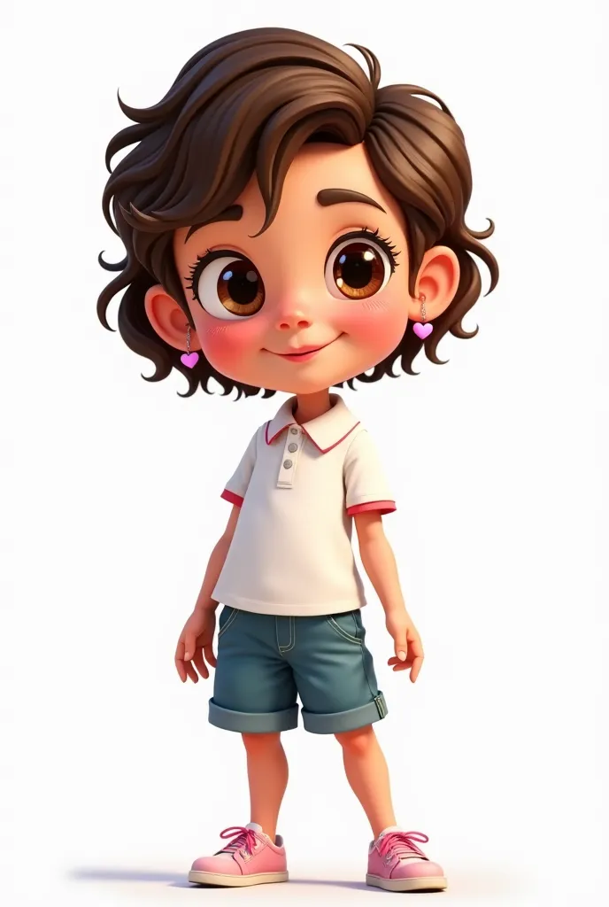 A cartoon avatar of a  girl from Trigueña, round eyes ,short hair with undressed waves , heart earrings and white polo with steel shorts