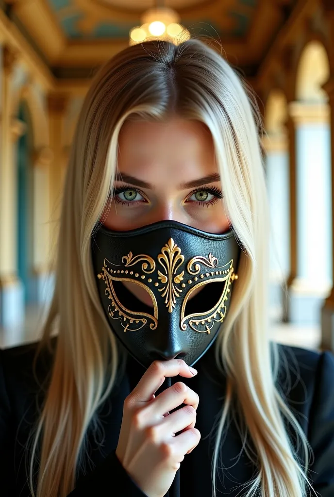 close up portrait, Beautiful gothic blonde girl with long hair and striking green eyes with a big Dubai mask and a view, holding the mask away from her face, beautiful golden and gloomy palace, ballroom in the background 