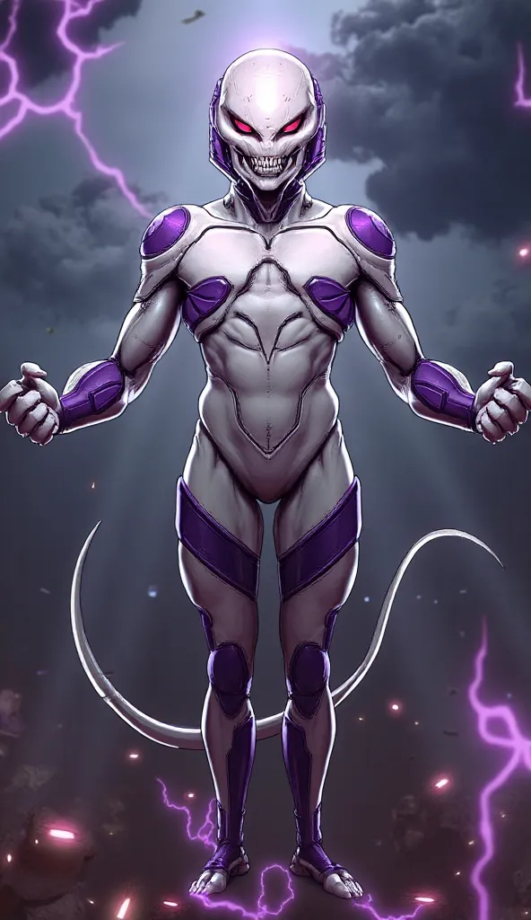 A powerful and menacing alien warrior stands in a dramatic battle-ready pose. He has a sleek, bio-organic body with a predominantly white exoskeleton, accented by smooth purple plates on his head, shoulders, chest, and forearms. His narrow, piercing red ey...